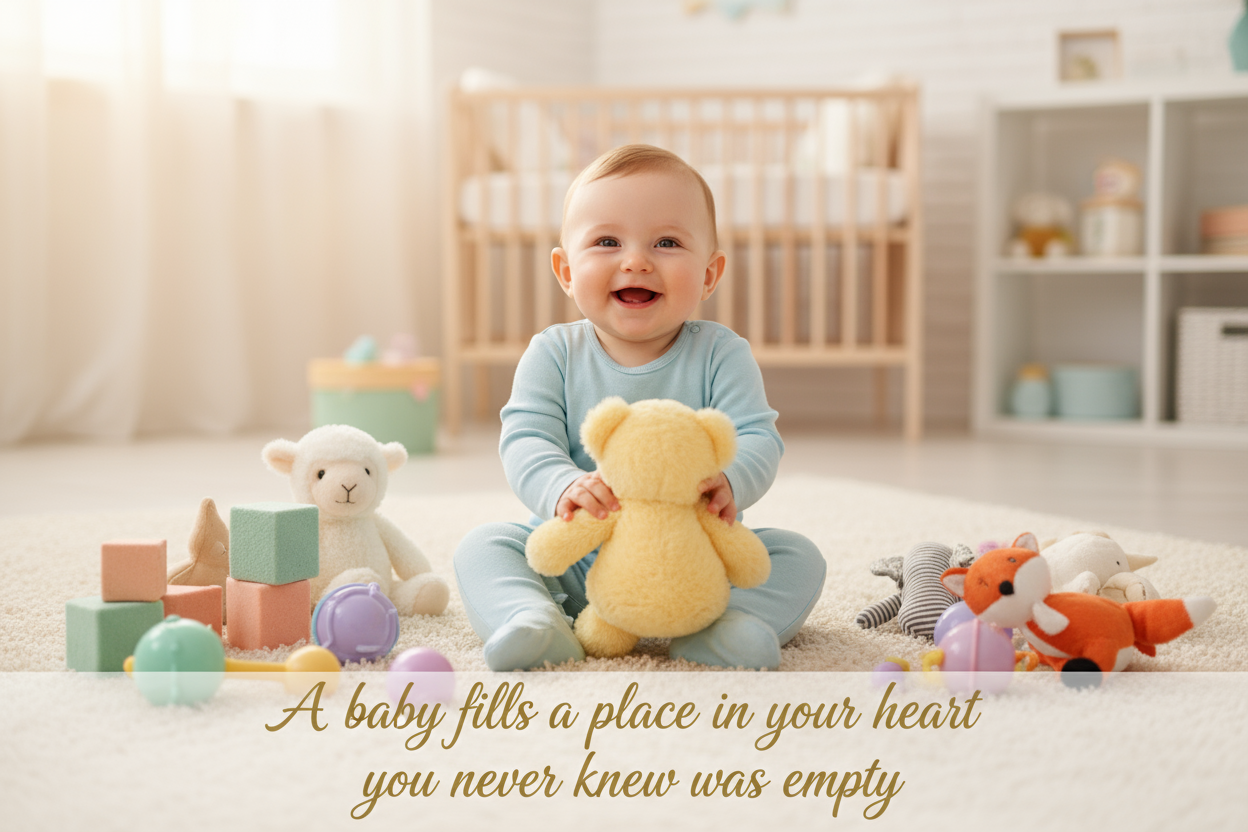 genrate an portrait image bannar in which baby a is setting and around it toys are lying and add a qoute for babies